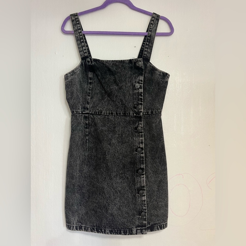 H&M Washed Black Denim Button-Front Mini Dress